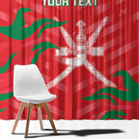 Red curtain fabric close-up with Oman flag waves, white emblem, and custom text.