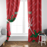 Red floor-length window curtains with Oman flag waves, white emblem, and custom text.