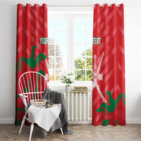 Red curtain panels with Oman flag waves and white emblem, custom text at center.