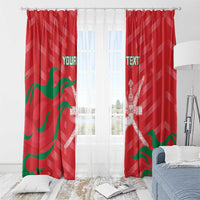 Red curtain set for windows with Oman flag waves, white emblem, and custom text.