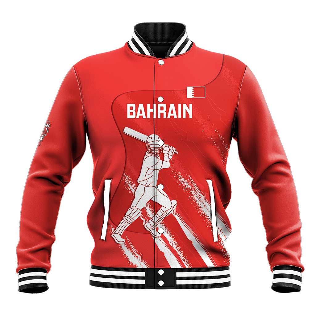 Red varsity baseball jacket with striped rib collar, button front, Bahrain cricket graphic