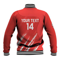 Red varsity baseball jacket with striped rib collar, button front, back "YOUR TEXT 14" print