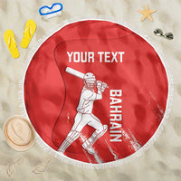 Red round beach blanket with white fringe and Bahrain cricket player graphic