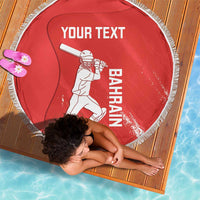 Red round beach blanket with white fringe, 'YOUR TEXT' and Bahrain cricket graphic
