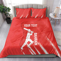 Red cricket bedding set on bed with two pillowcases; duvet shows player graphic and YOUR TEXT.