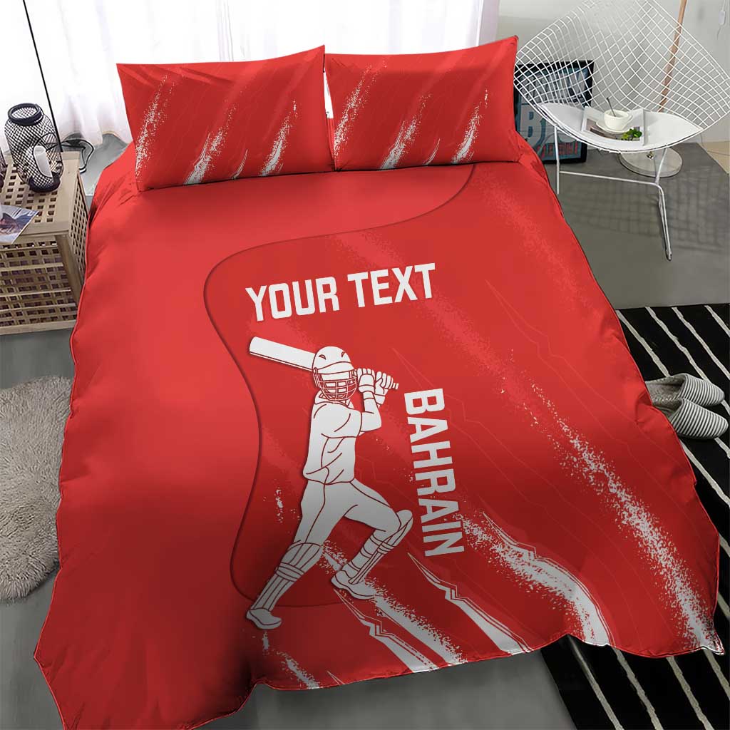 Red cricket duvet and two pillowcases with white player illustration, text YOUR TEXT, and Bahra{i}n.