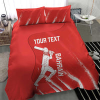 Red cricket duvet and two pillowcases with white player illustration, text YOUR TEXT, and Bahra{i}n.