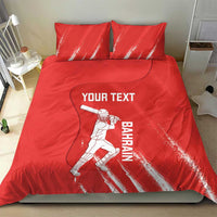 Red cricket bedding set on bed: duvet with player graphic, YOUR TEXT, and Bahra{i}n vertical text.
