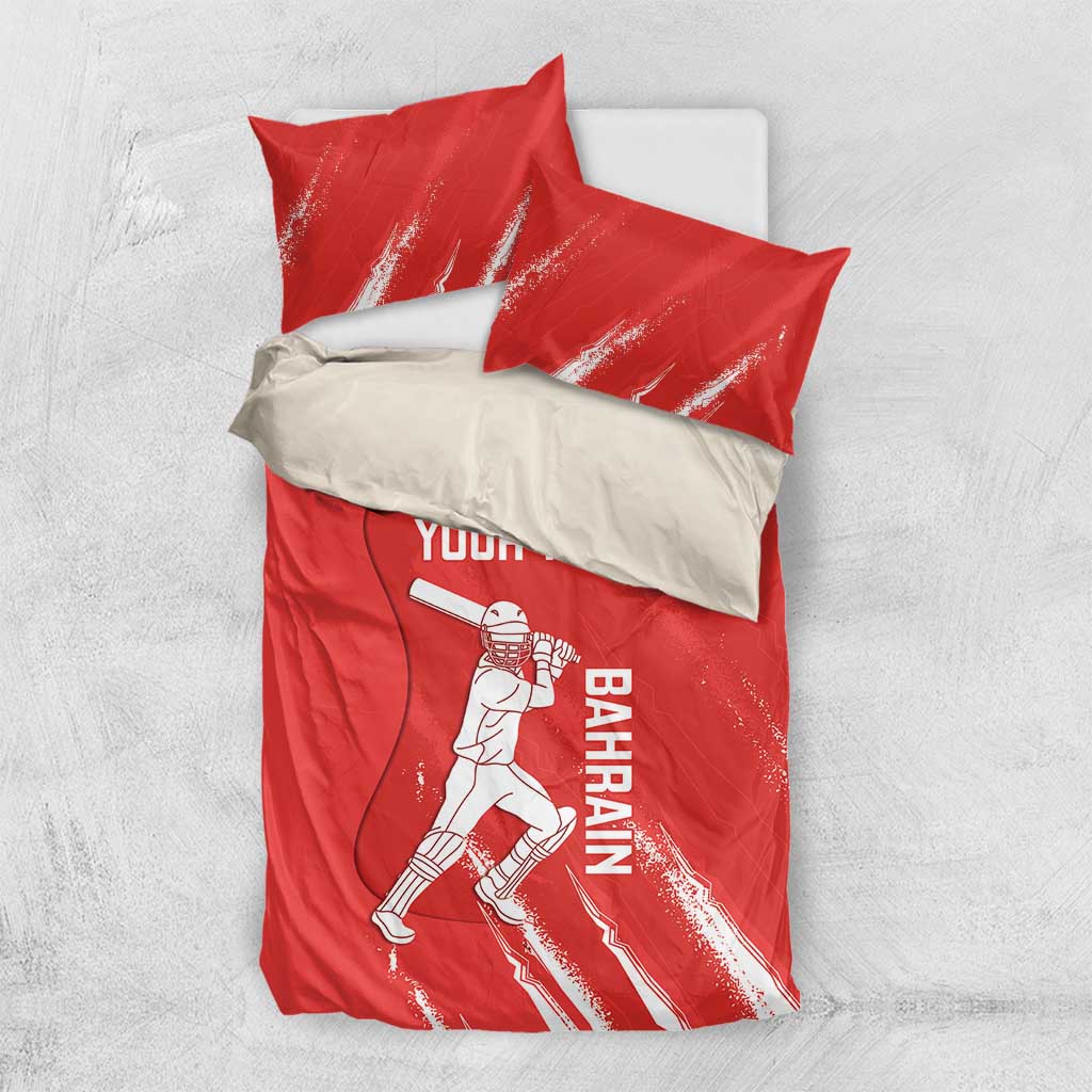 Red cricket duvet with two pillowcases featuring player graphic and YOUR TEXT, Bahrain label.