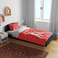 Red cricket bedding set on bed with duvet and two pillows; player graphic and YOUR TEXT on top.