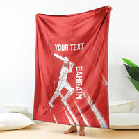 Red cricket blanket with Bahrain player graphic and Your Text print, hanging display