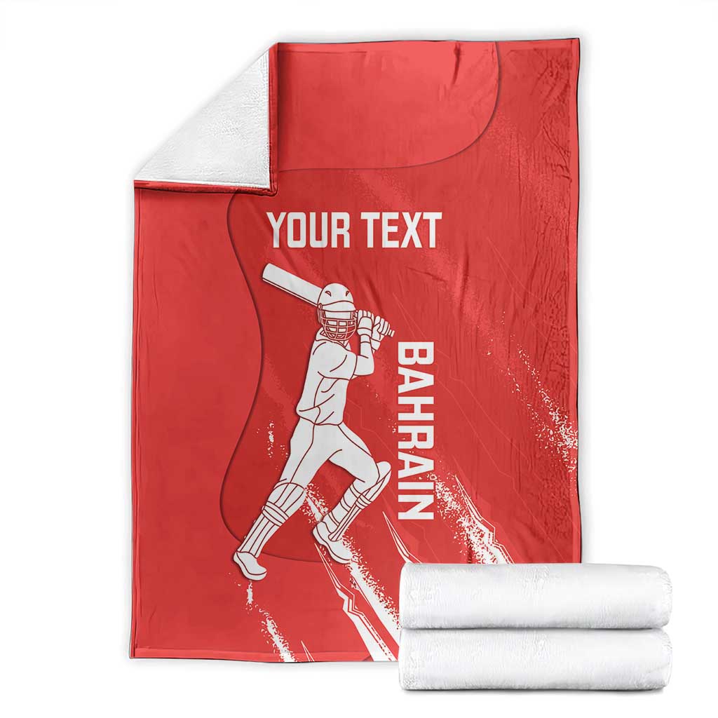 Red cricket blanket with Bahrain player graphic and Your Text, with folded white towels
