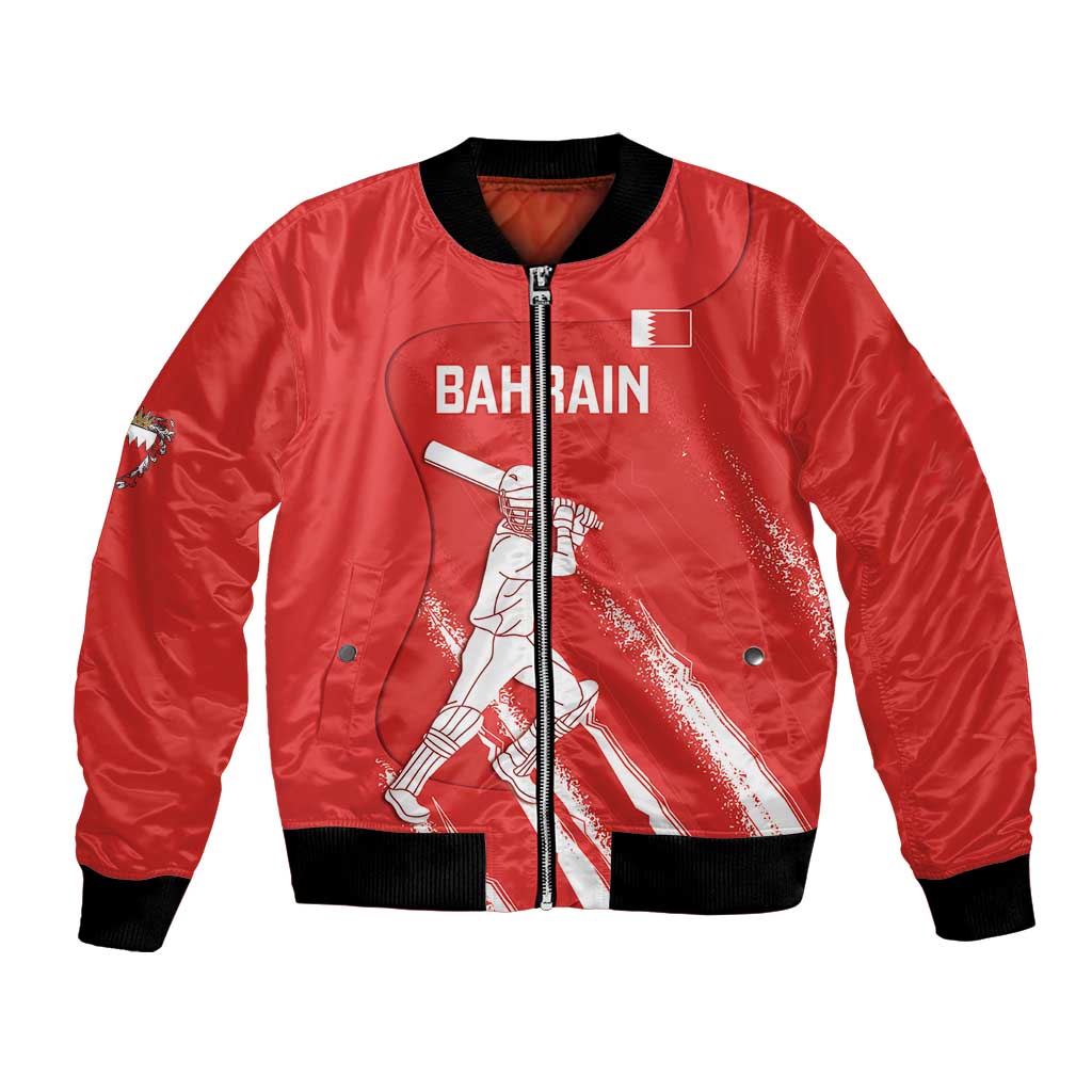Red bomber jacket with black ribbed collar, full-zip front, Bahrain graphic on chest