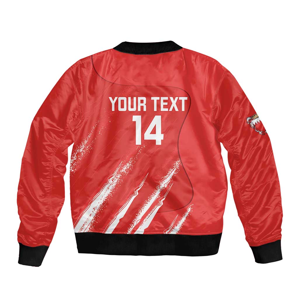 Red bomber jacket back with black ribbed hem, 'YOUR TEXT 14' cricket print