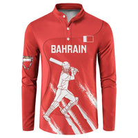 Red button cricket sweatshirt, front BAHRAIN text and cricket player graphic