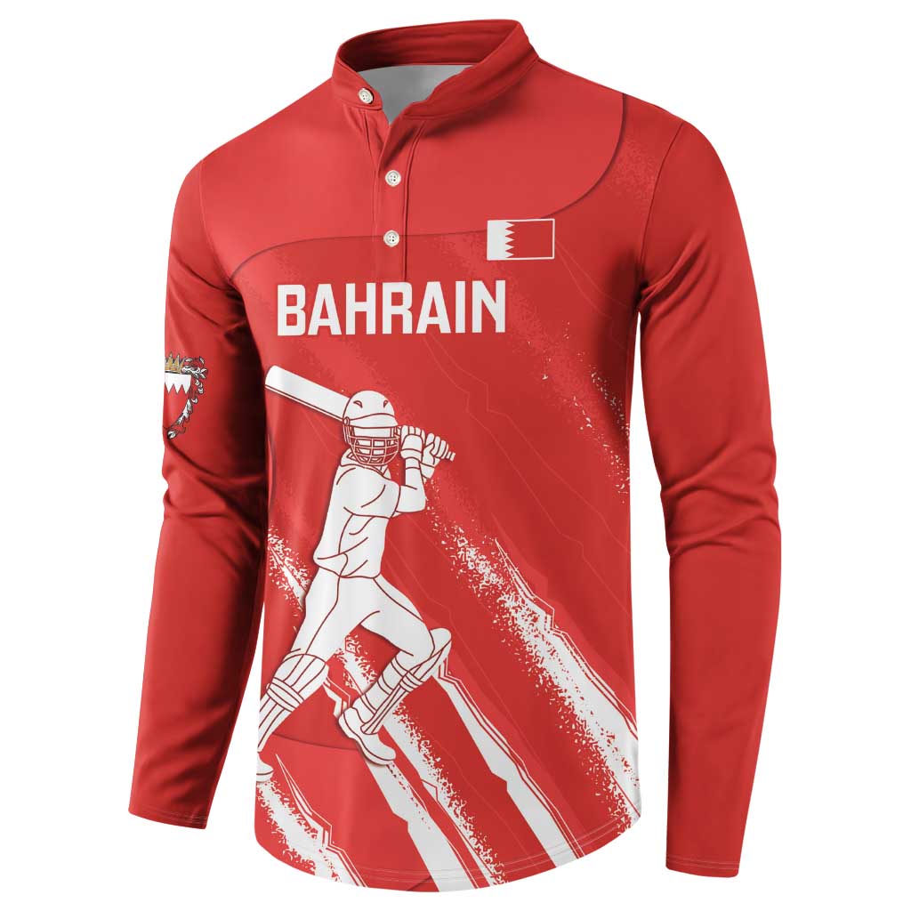 Red button cricket sweatshirt with BAHRAIN, cricket batsman illustration