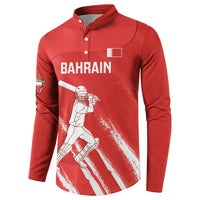 Red button cricket sweatshirt with BAHRAIN, cricket batsman illustration
