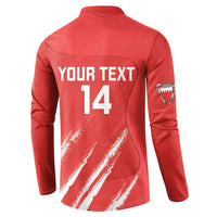 Red button cricket sweatshirt back, YOUR TEXT 14 and sweeping stripe graphic