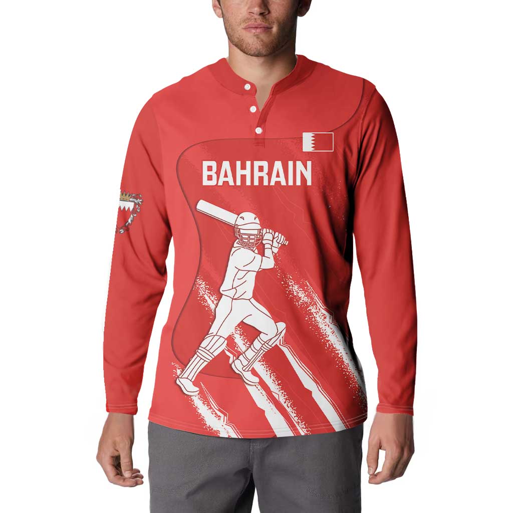 Red button cricket sweatshirt on model, front BAHRAIN and batsman graphic