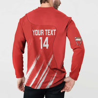 Red button cricket sweatshirt back on model, YOUR TEXT 14 and stripe graphic