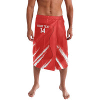 Red custom cricket lavalava shorts with elastic waistband, white grunge design and number 14