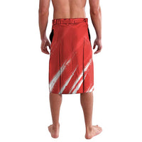 Red custom cricket lavalava shorts, back view, elastic waistband with drawstring and white grunge