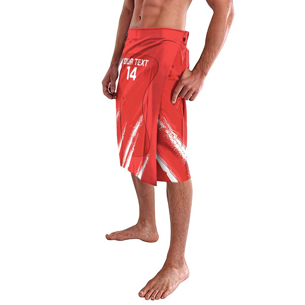 Red custom cricket lavalava shorts, side view, elastic waistband and white grunge graphic with 14