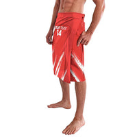 Red custom cricket lavalava shorts, side view, elastic waistband and white grunge graphic with 14