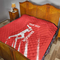 Red diamond-quilted cricket blanket draped on a bed, black edge and 'YOUR TEXT'.