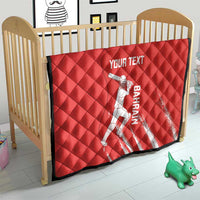 Red diamond-quilted cricket blanket on a baby crib, black edge, white batsman graphic and 'YOUR TEXT'.