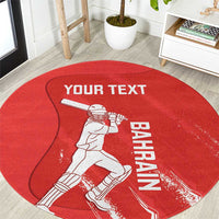 Red round cricket rug with white player and Bahrain text graphic, grunge style