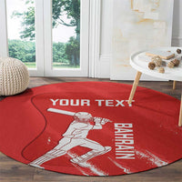 Red round cricket rug with white batter holding bat and Bahrain text, grunge style