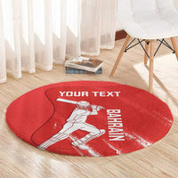 Red round cricket rug with white batter graphic and Bahrain text, custom message area