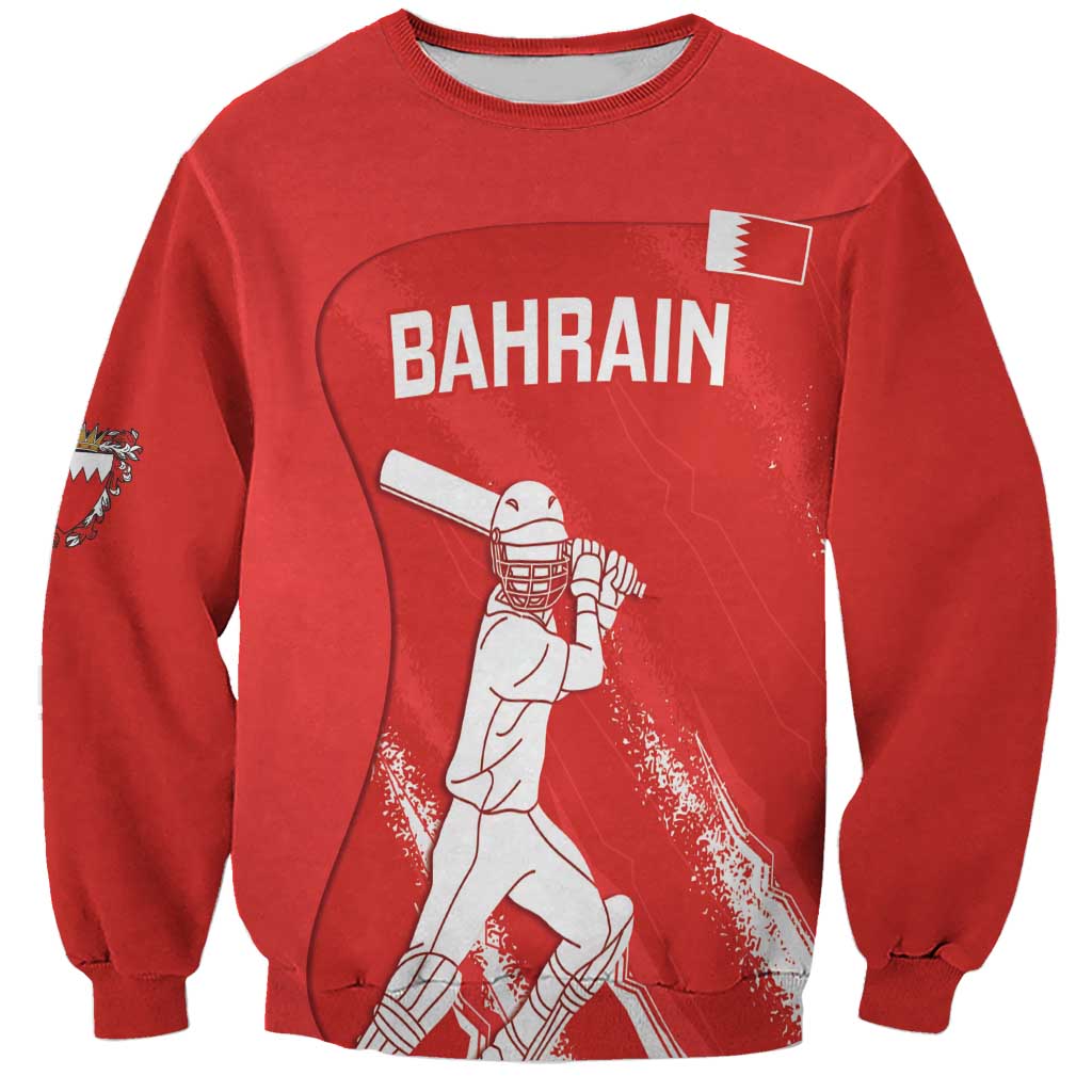 Red crewneck sweatshirt with Bahrain logo and football player graphic on front