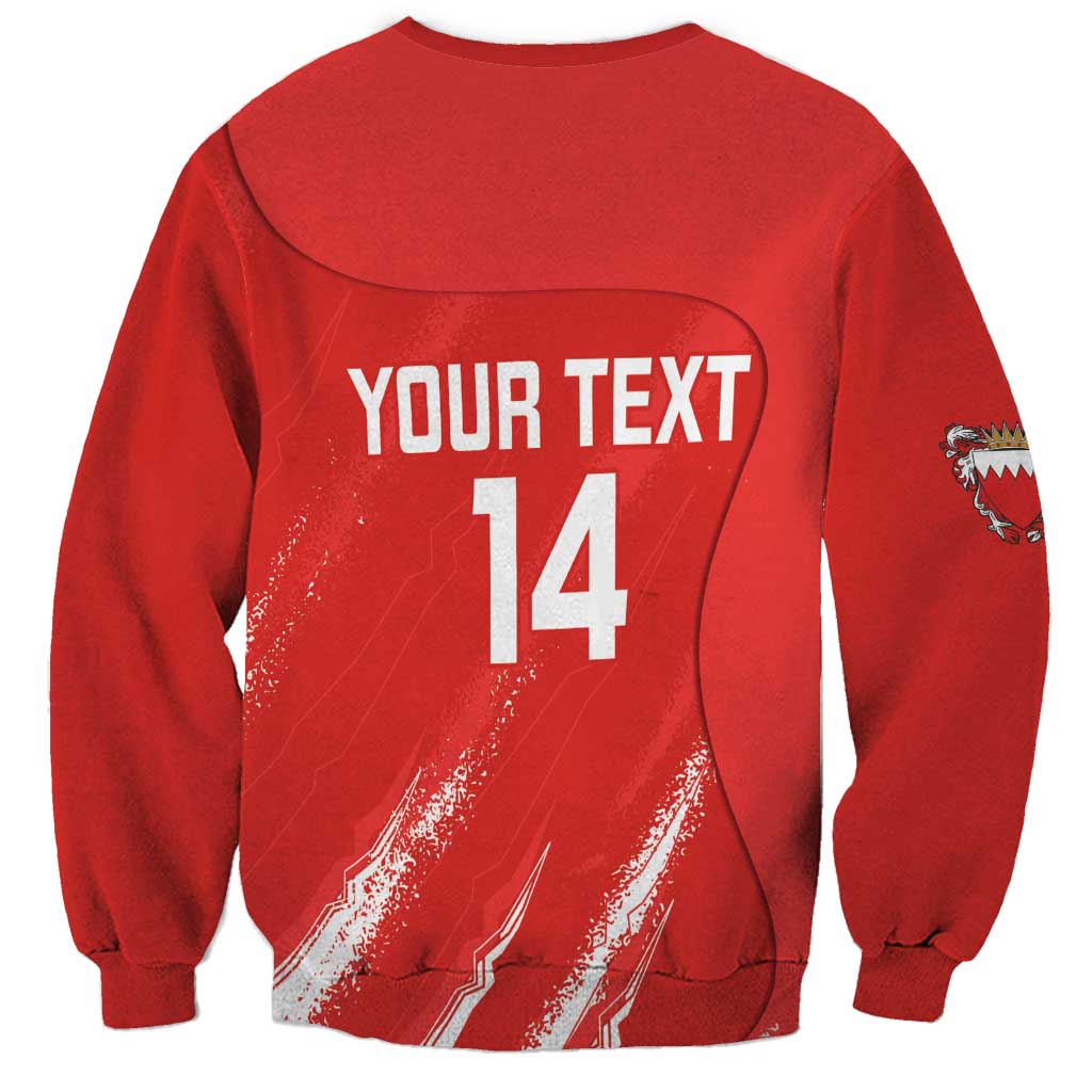 Red crewneck sweatshirt with back print: YOUR TEXT and 14, plus sleeve patch