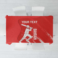 Red custom cricket tablecloth with Bahrain graphic and center player illustration
