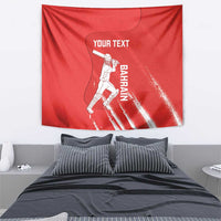 Red cricket tapestry featuring a batsman illustration, “BAHRAIN” text, and “YOUR TEXT”