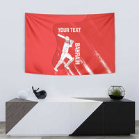 Red cricket tapestry with batsman graphic, “BAHRAIN” lettering, and “YOUR TEXT”
