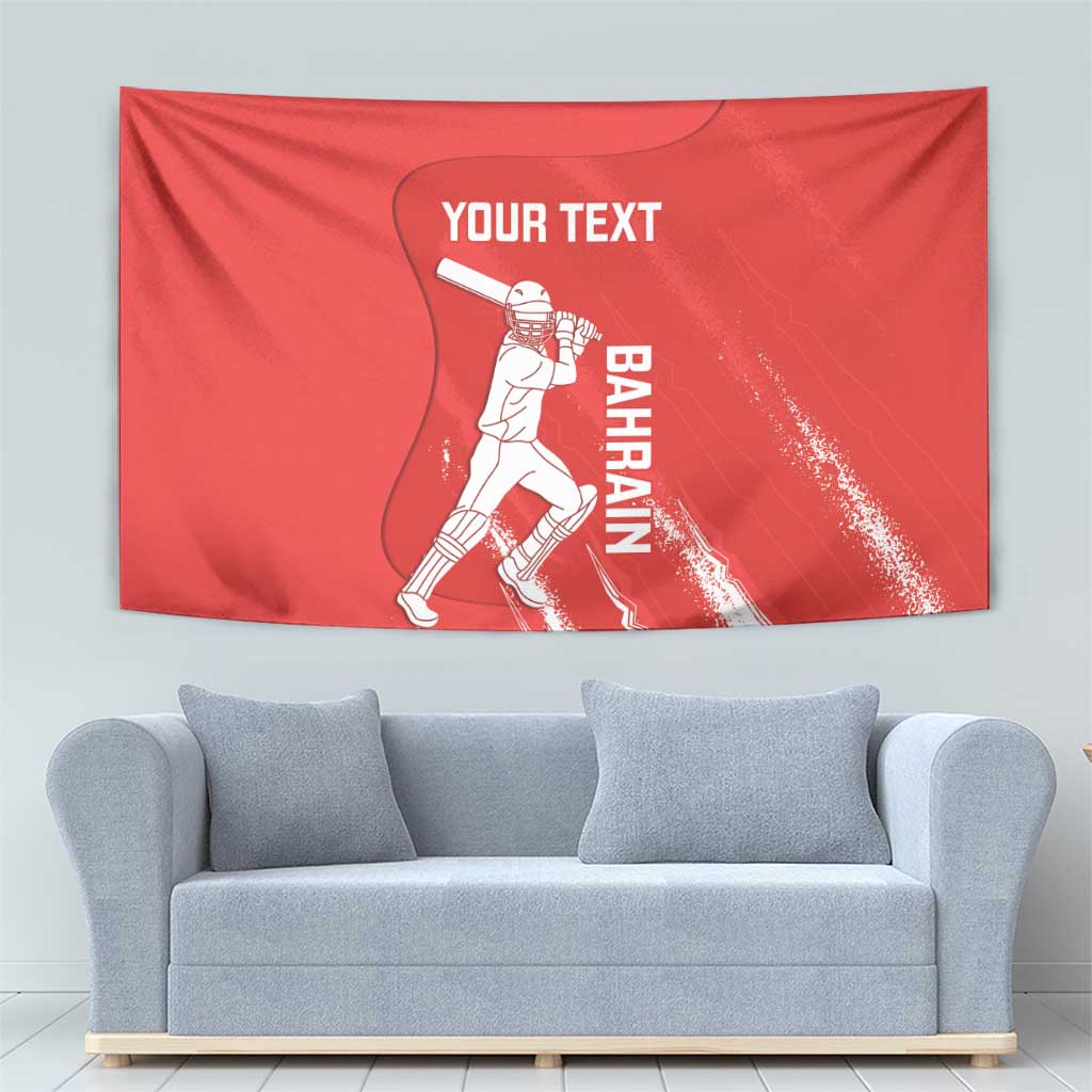 Red cricket tapestry showing a player in white, “BAHRAIN” and “YOUR TEXT”