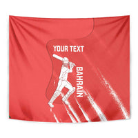 Red cricket tapestry close-up with batsman graphic, “BAHRAIN” text, and “YOUR TEXT”