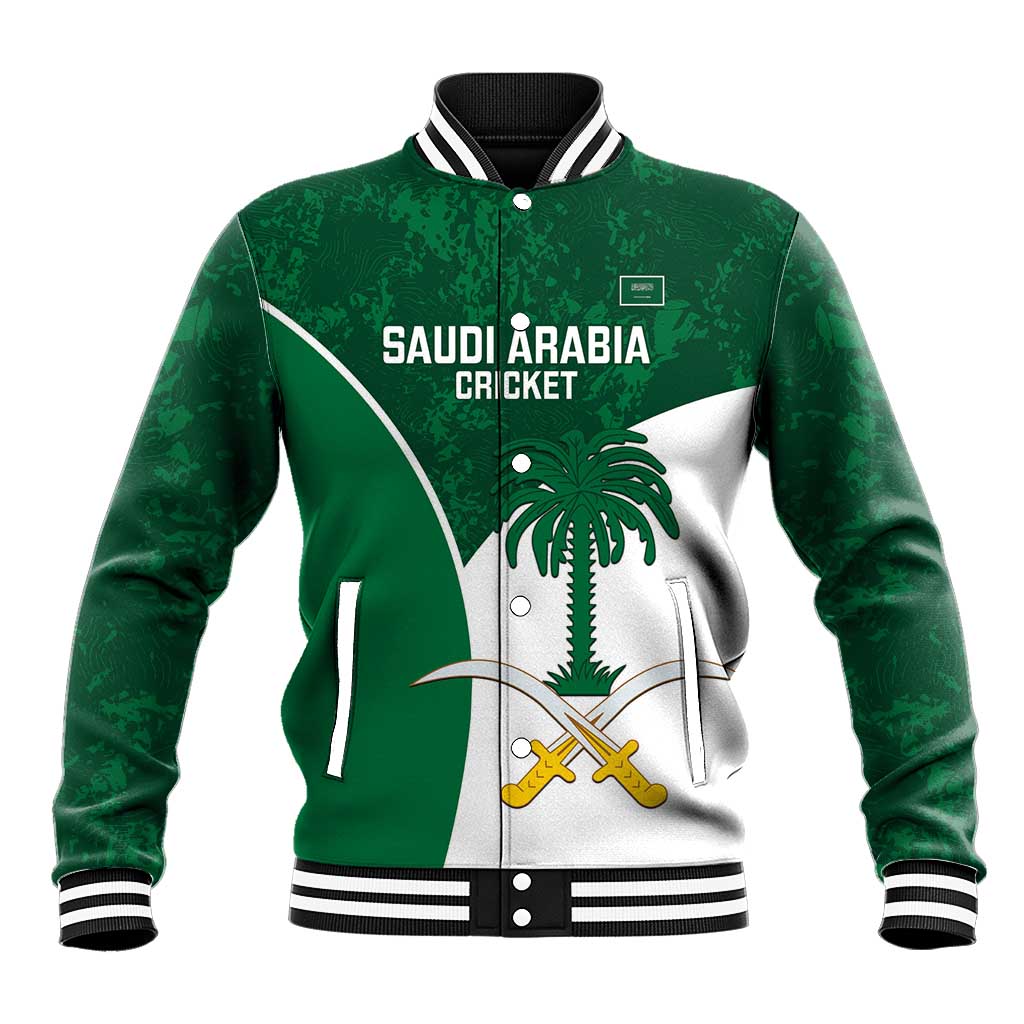 Green zip-up baseball jacket with striped collar and Saudi Arabia Cricket crest