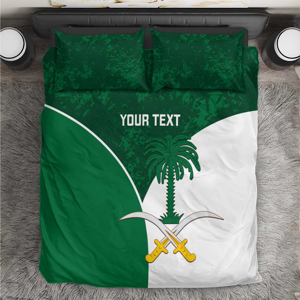 Green and white duvet bedding set with two pillows, palm tree emblem and crossed swords