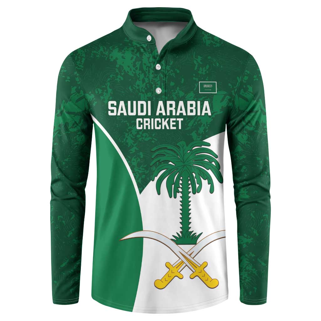 Green button-up sweatshirt with Saudi Arabia Cricket front graphic, palm and crossed bats