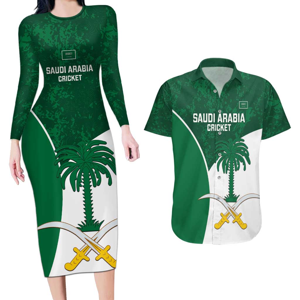 Custom Saudi Arabia Cricket Couples Matching Long Sleeve Bodycon Dress and Hawaiian Shirt Go Champions Coat Of Arms Style - Wonder Print Shop