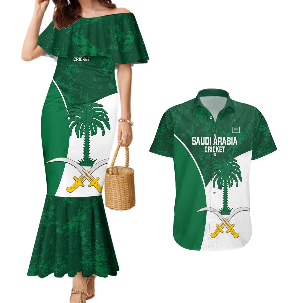 Custom Saudi Arabia Cricket Couples Matching Mermaid Dress and Hawaiian Shirt Go Champions Coat Of Arms Style - Wonder Print Shop