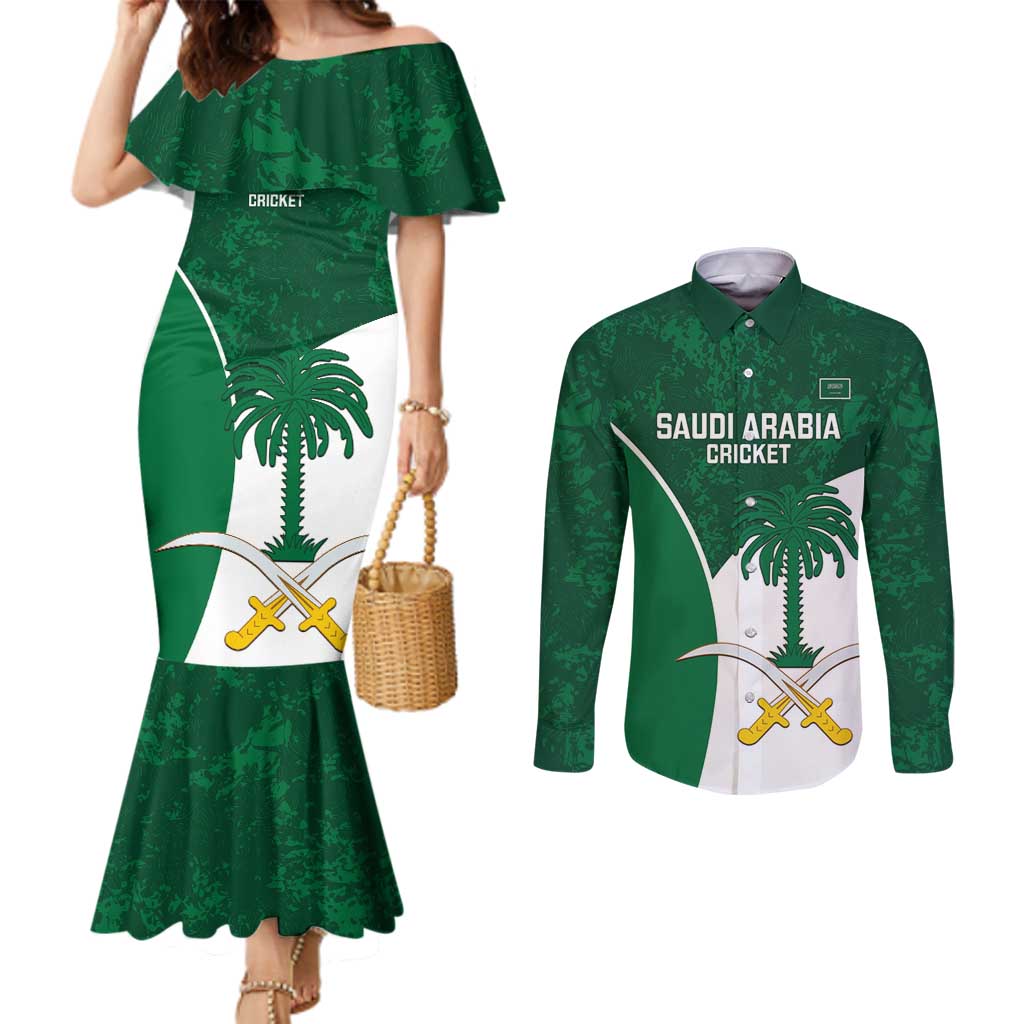 Custom Saudi Arabia Cricket Couples Matching Mermaid Dress and Long Sleeve Button Shirt Go Champions Coat Of Arms Style