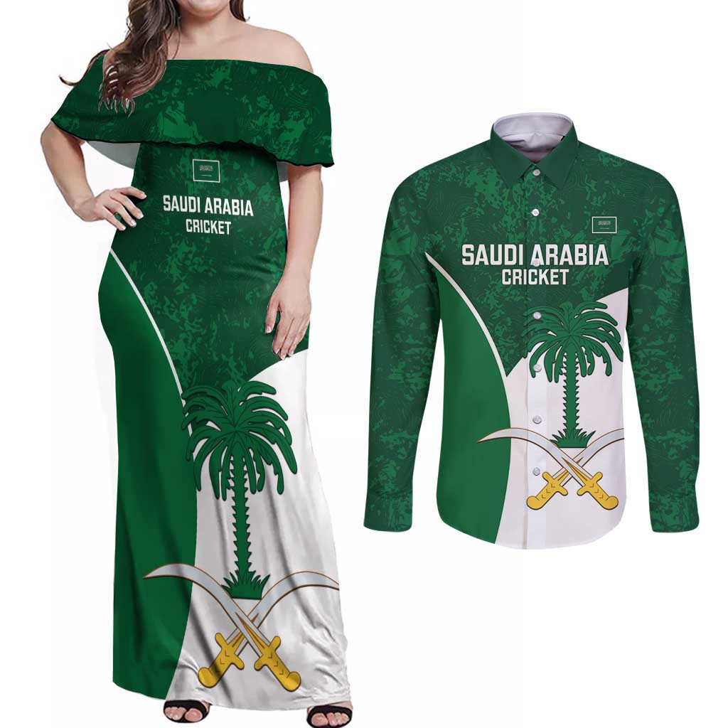 Custom Saudi Arabia Cricket Couples Matching Off Shoulder Maxi Dress and Long Sleeve Button Shirt Go Champions Coat Of Arms Style - Wonder Print Shop