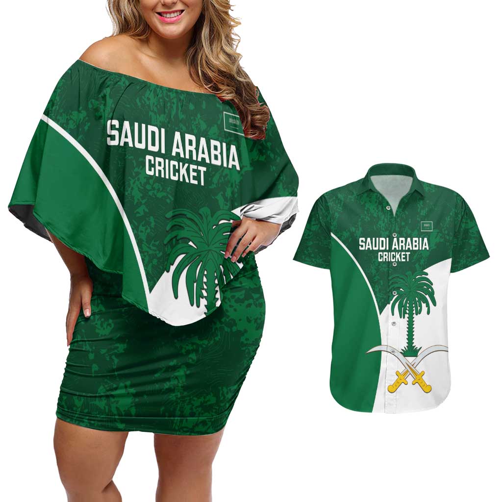 Custom Saudi Arabia Cricket Couples Matching Off Shoulder Short Dress and Hawaiian Shirt Go Champions Coat Of Arms Style - Wonder Print Shop