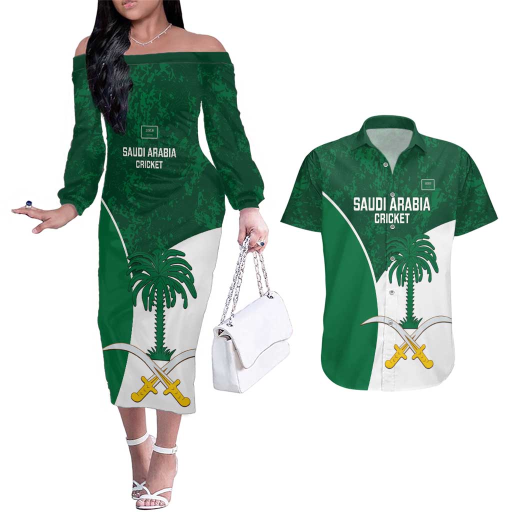 Custom Saudi Arabia Cricket Couples Matching Off The Shoulder Long Sleeve Dress and Hawaiian Shirt Go Champions Coat Of Arms Style - Wonder Print Shop