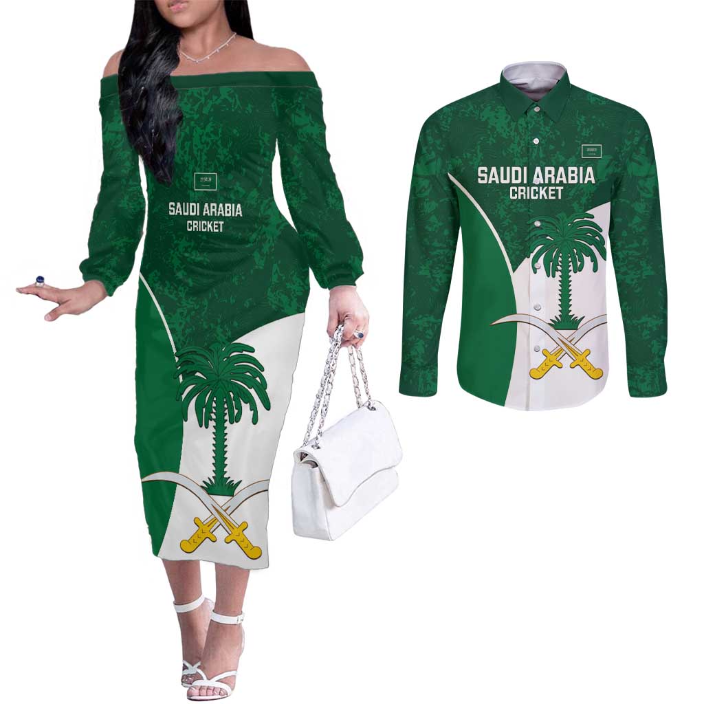 Custom Saudi Arabia Cricket Couples Matching Off The Shoulder Long Sleeve Dress and Long Sleeve Button Shirt Go Champions Coat Of Arms Style